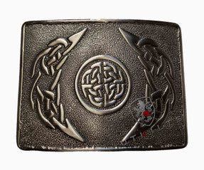 A black belt featuring an intricate Celtic design, showcasing elegant patterns and craftsmanship.