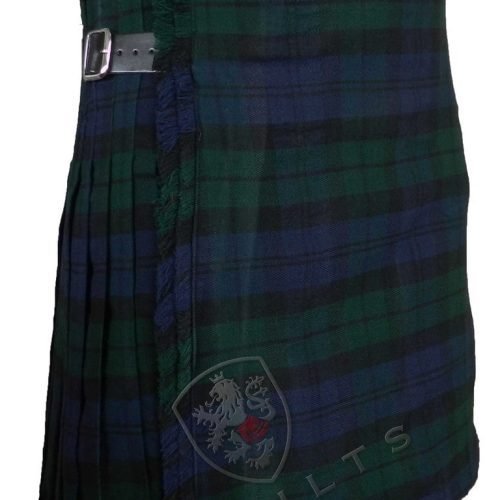 Green and black tartan kilt with buckles, showcasing the traditional Black Watch design in durable acrylic fabric.