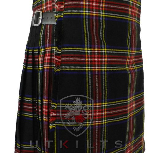 A black and red tartan kilt featuring the Black Stewart pattern, complemented by a classic black belt.