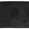 A black leather wallet featuring an intricate Celtic design, showcasing elegance and craftsmanship in its detailed patterns.