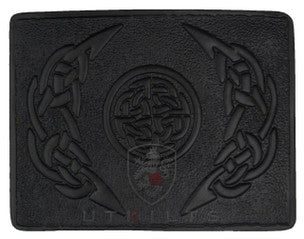 A black leather wallet featuring an intricate Celtic design, showcasing elegance and craftsmanship in its detailed patterns.