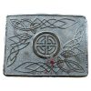 A silver metal box featuring an intricate Celtic design, labeled as a 28 Chrome Belt Buckle.