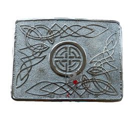 A silver metal box featuring an intricate Celtic design, labeled as a 28 Chrome Belt Buckle.