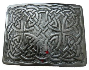 A square chrome belt buckle featuring an intricate Celtic design, showcasing craftsmanship and elegance in metalwork.