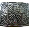 A square chrome belt buckle featuring an intricate Celtic design, showcasing craftsmanship and elegance in metalwork.