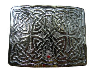 A square chrome belt buckle featuring an intricate Celtic design, showcasing craftsmanship and elegance in metalwork.