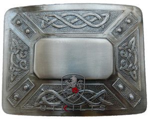 A detailed Celtic design on an antiqued black leather belt buckle, showcasing intricate patterns and craftsmanship.