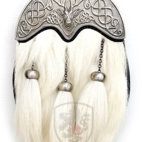 An elegant white goat hair sporran with a metal clasp and two tails, showcasing traditional craftsmanship and style.