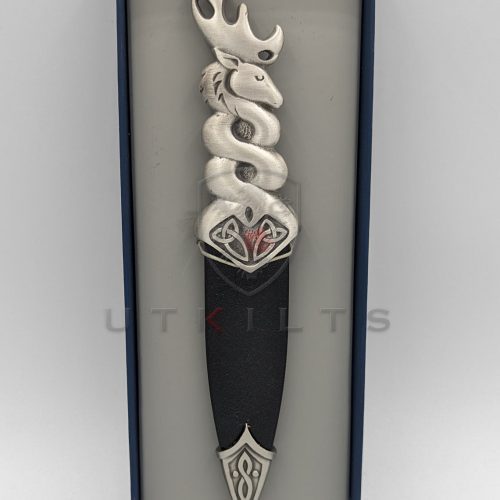 A dragon-adorned knife, the Glenfinnan Stag sgian dubh, showcased in an exquisite box, highlighting its premium craftsmanship.