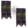 Two tartan ties in purple and green, elegantly styled with bows, displayed against a neutral background.