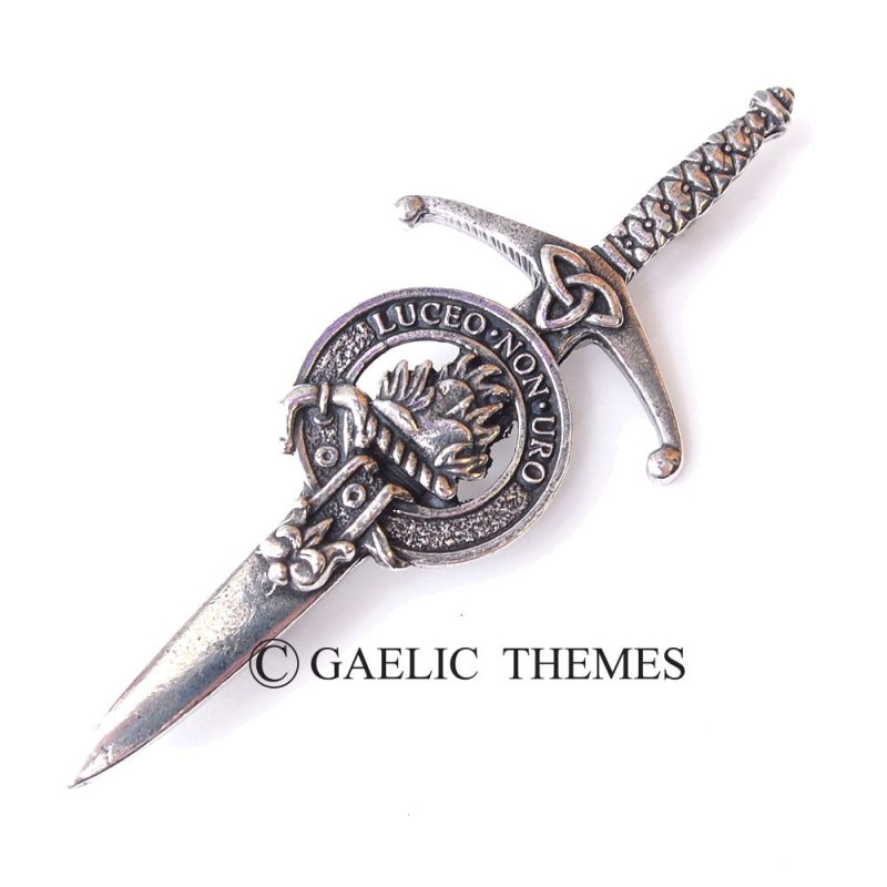 A silver dagger featuring a Scottish crest, elegantly designed and showcasing intricate detailing on the handle.