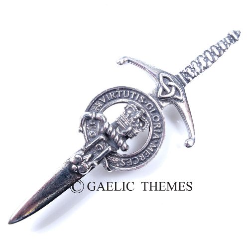 A beautifully crafted silver dagger featuring a Scottish crest, adorned with intricate details on the handle.