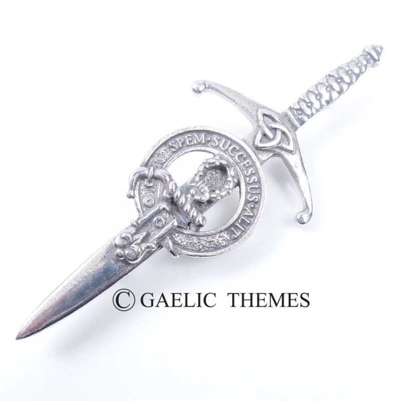 A finely crafted silver dagger showcasing a Scottish crest, embellished with intricate details on the handle.