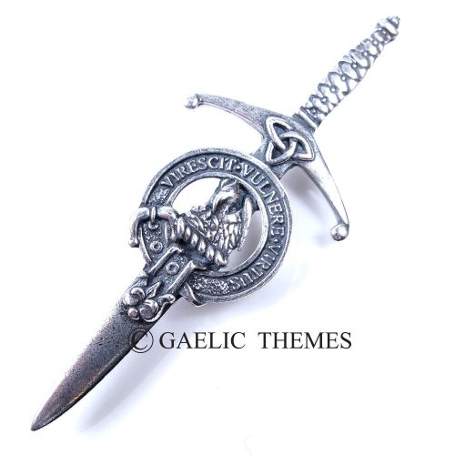 An elegantly designed silver dagger embellished with a Scottish crest, emphasizing its cultural importance and artistic value.