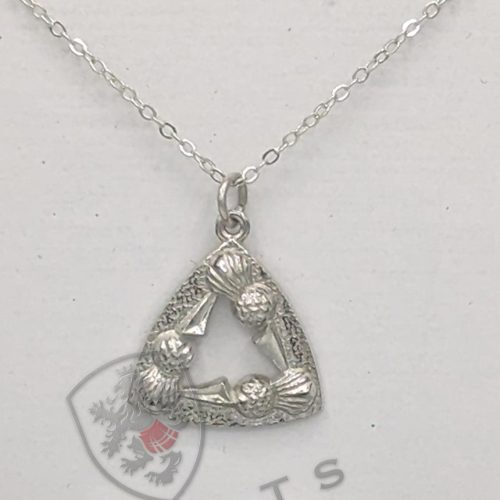 A silver necklace featuring a prominent triangle pendant, elegantly designed and showcased in the image titled Triangular Thistle