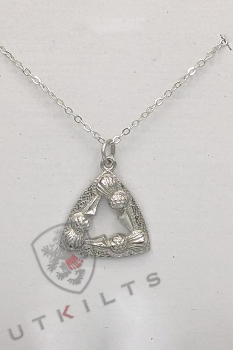 A silver necklace featuring a prominent triangle pendant, elegantly designed and showcased in the image titled Triangular Thistle